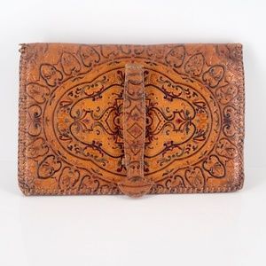 Native American Western Design  50's Vtg Hand Tooled Leather Wallet 3 Pockets